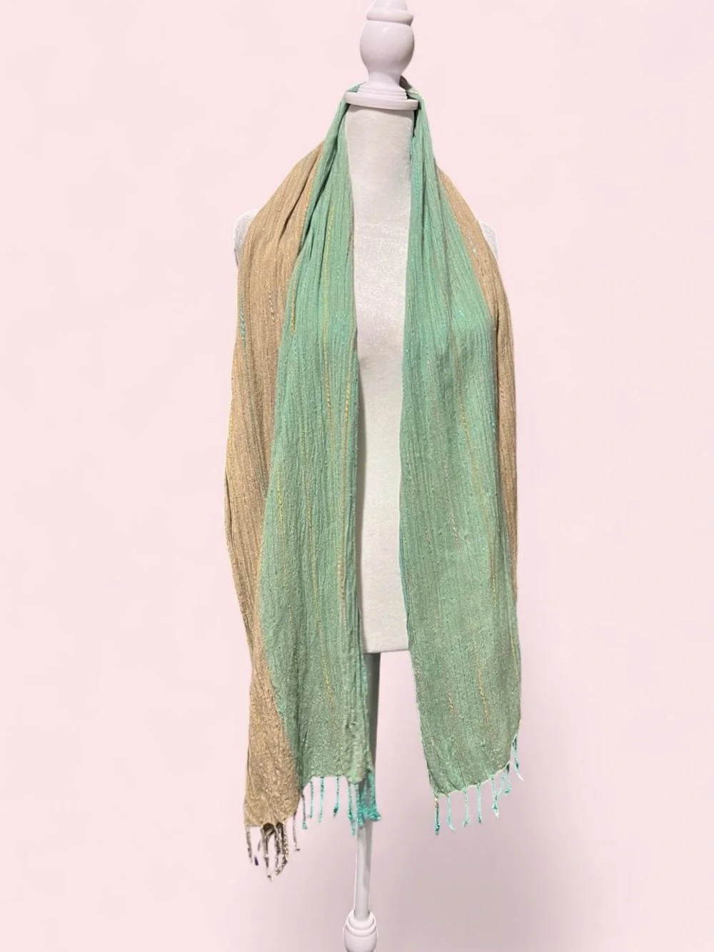 Light Green and Tan Women's Lightweight Sparkly Scarf